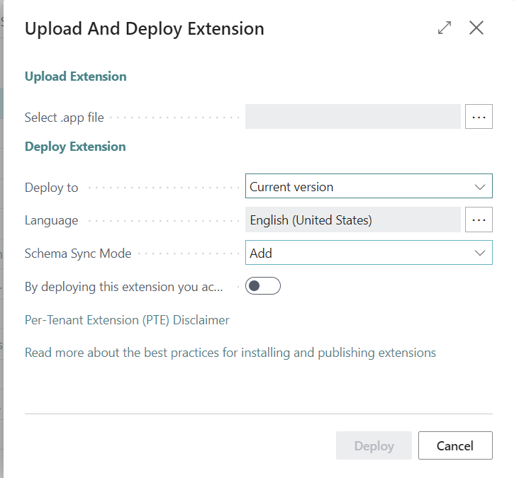 Extension Management page in Business Central showing the deprecation warning on the upload action