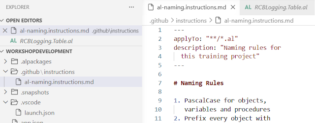 Example of an instructions file with an applyTo header targeting .al files