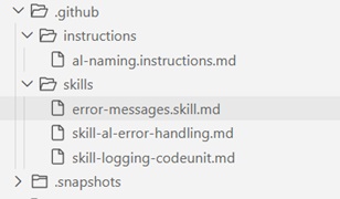 AL codeunit after the agent applies the ErrorMessages skill, showing ErrorInfo variables and Err-suffixed labels
